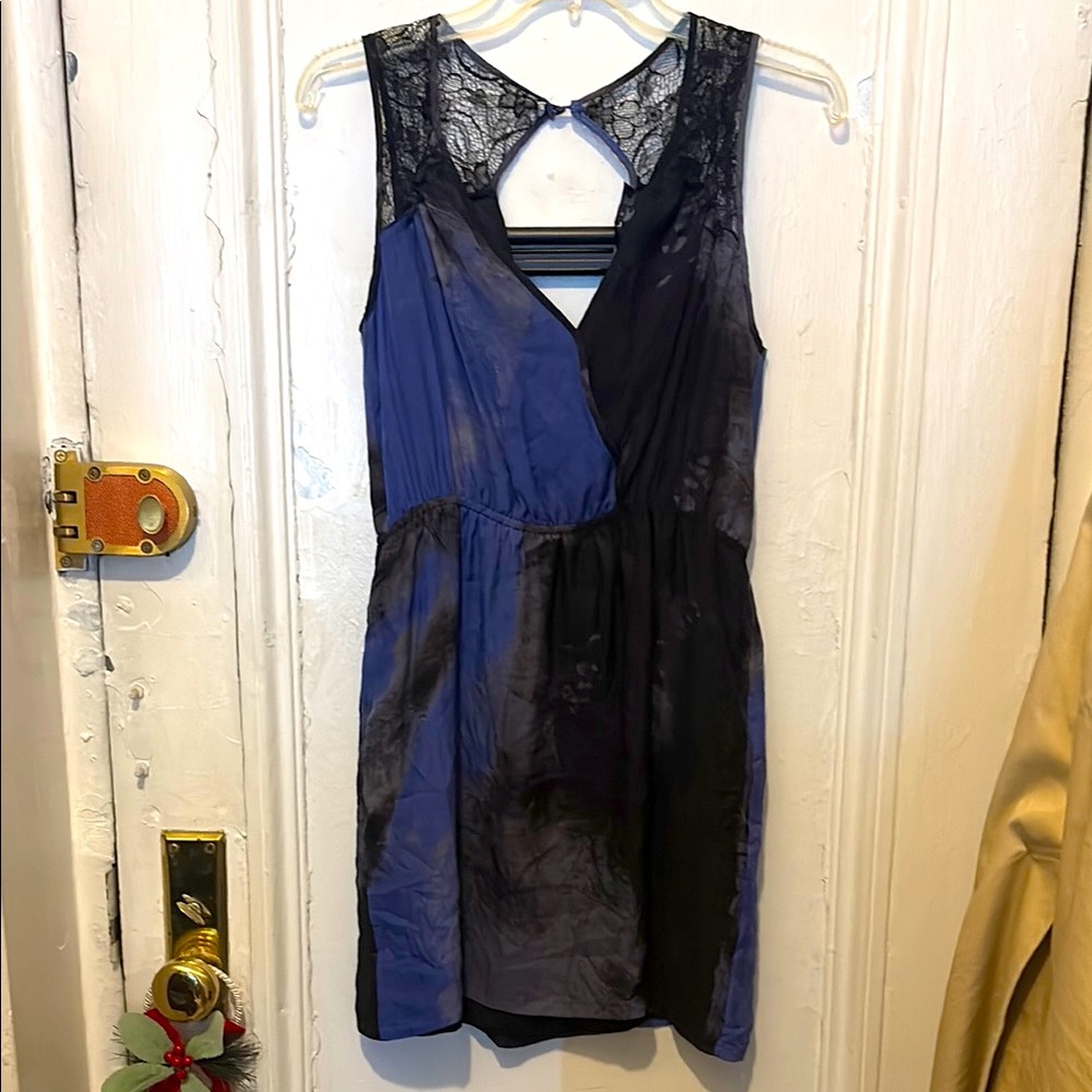 Aqua Blue and Black Tie Dye Lace and Silk Dress Small
